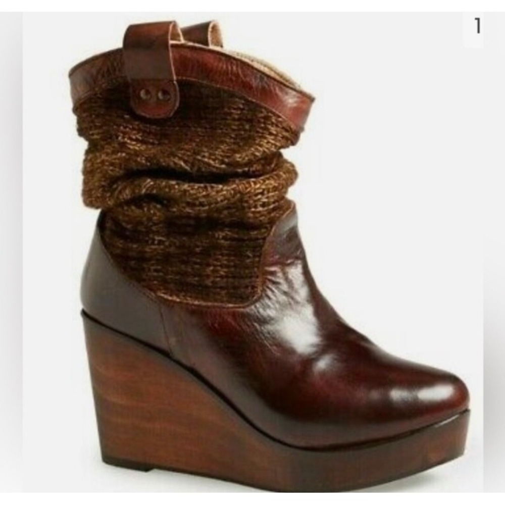 Bed Stu Cobbler Series Brown Leather Knit Wedge Platform Boots Womens 11 B